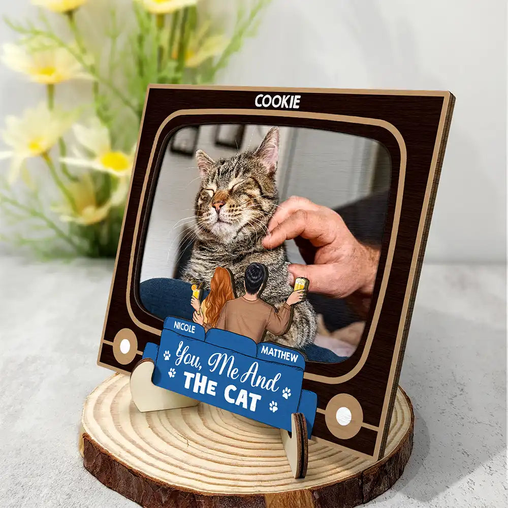 Gift For Couples, Gift For Husband, Gift For Wife, Gift For Boyfriend, Gift For Girlfriend, Dog Lovers, Pet Lovers, Dog Mom, Dog Dad, Dog Couple, Cat Lovers, Cat Mom, Cat Dad, Cat Couple, Pet Mom, Pet Dad, Pet Couple - Custom Photo You, Me And The Dog Cat - Personalized 2-Layered Wooden Plaque With Stand