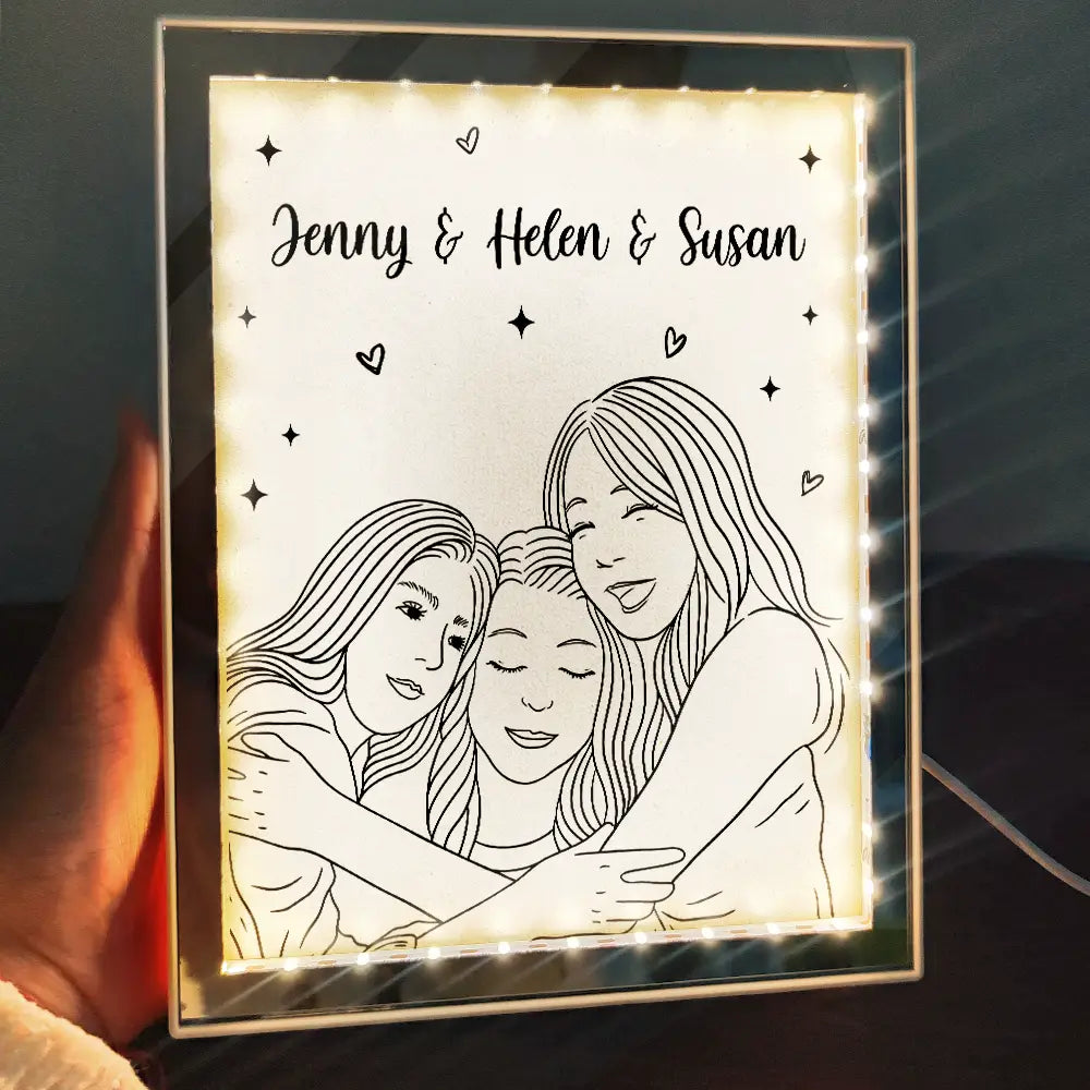Gift For Couples, Gift For Husband, Gift For Wife, Gift For Boyfriend, Gift For Girlfriend, Art Design - Custom Photo Line Art Couple Portrait Bestie Family - Personalized LED Mirror Frame Lamp