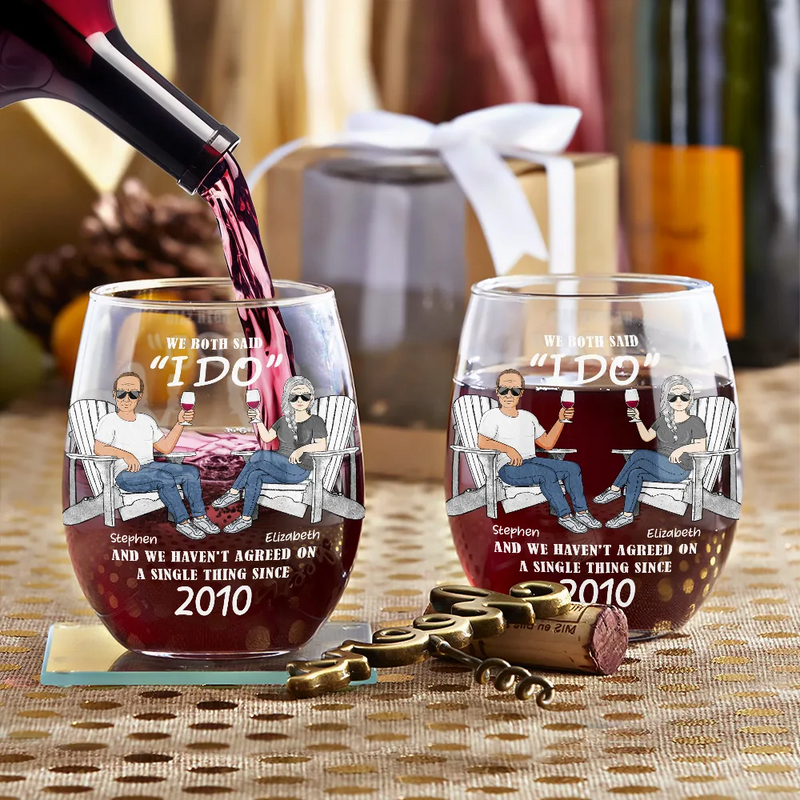 Gift For Couples, Gift For Husband, Old Couples, Gift For Wife - We Both Said I Do - Personalized Stemless Wine Glass
