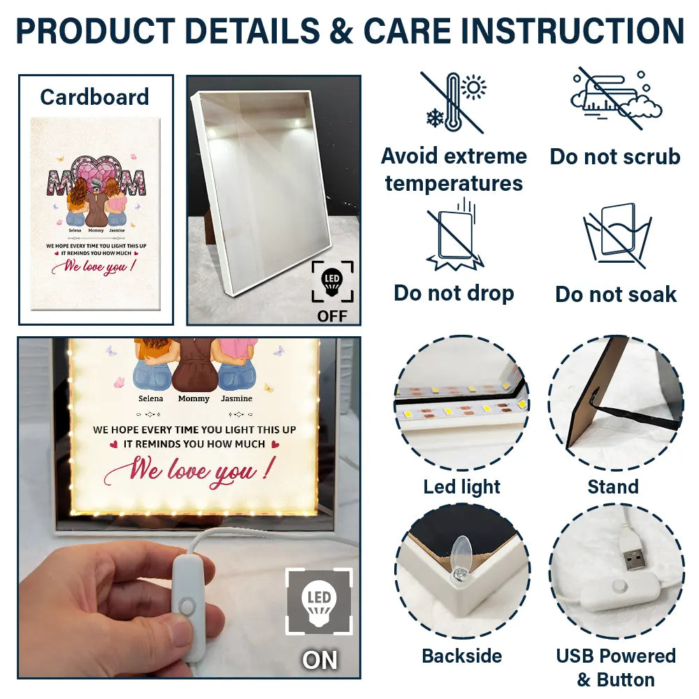 Gift For Mother,Mom - Daughters (Adult),Happy - Mom We Hope Every Time You Light This Up - Personalized LED Mirror Frame Lamp