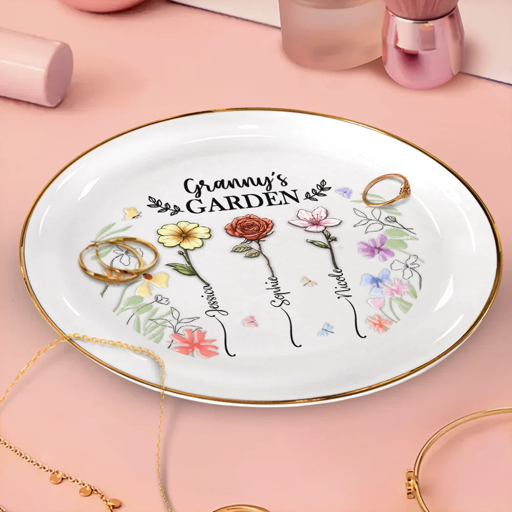 Gift For Mother,Gift For Grandma,Love - Birth Flower Grandma's Garden - 3D Embossed Effect Printed Ring Dish, Personalized Round Ring Dish