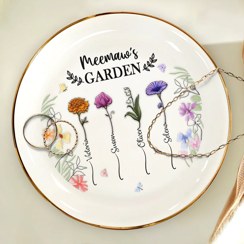 Gift For Mother,Gift For Grandma,Love - Birth Flower Grandma's Garden - 3D Embossed Effect Printed Ring Dish, Personalized Round Ring Dish