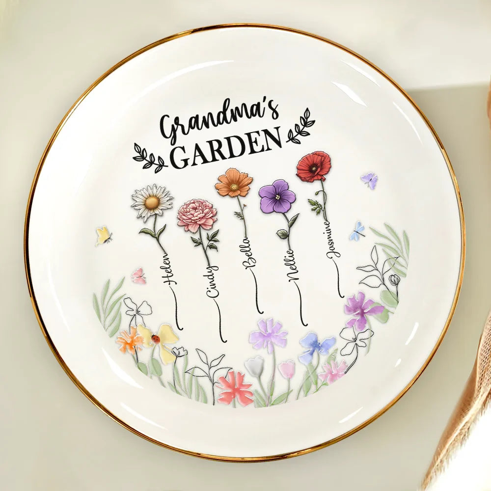 Gift For Mother,Gift For Grandma,Love - Birth Flower Grandma's Garden - 3D Embossed Effect Printed Ring Dish, Personalized Round Ring Dish
