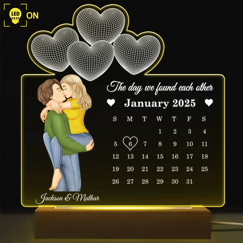 Gift For Couples,Gift For Husband,Gift For Wife,Gift For Boyfriend,Gift For Girlfriend,Happy - Calendar Couple Our First Anniversary Together - Personalized 3D Led Light Wooden Base