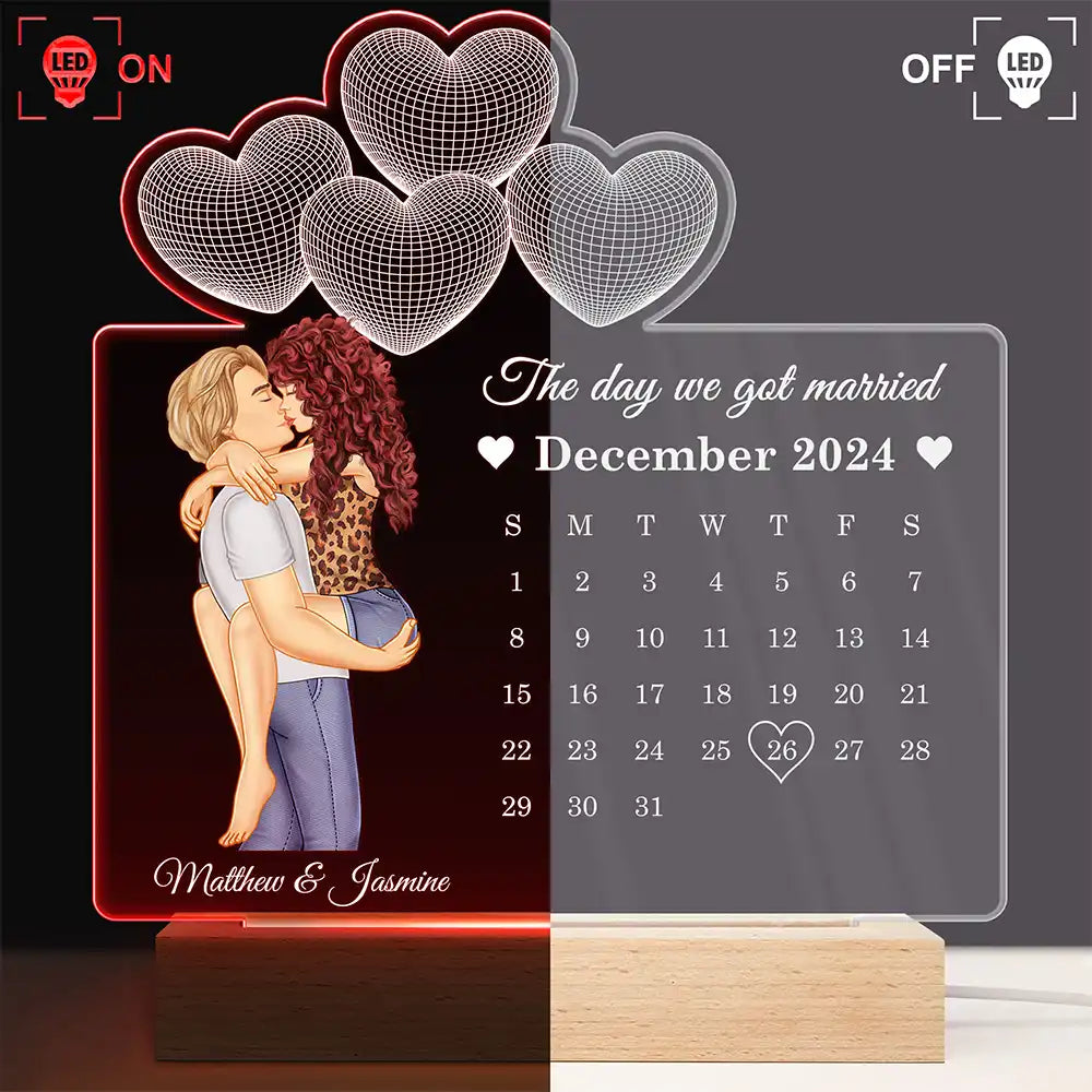Gift For Couples,Gift For Husband,Gift For Wife,Gift For Boyfriend,Gift For Girlfriend,Happy - Calendar Couple Our First Anniversary Together - Personalized 3D Led Light Wooden Base