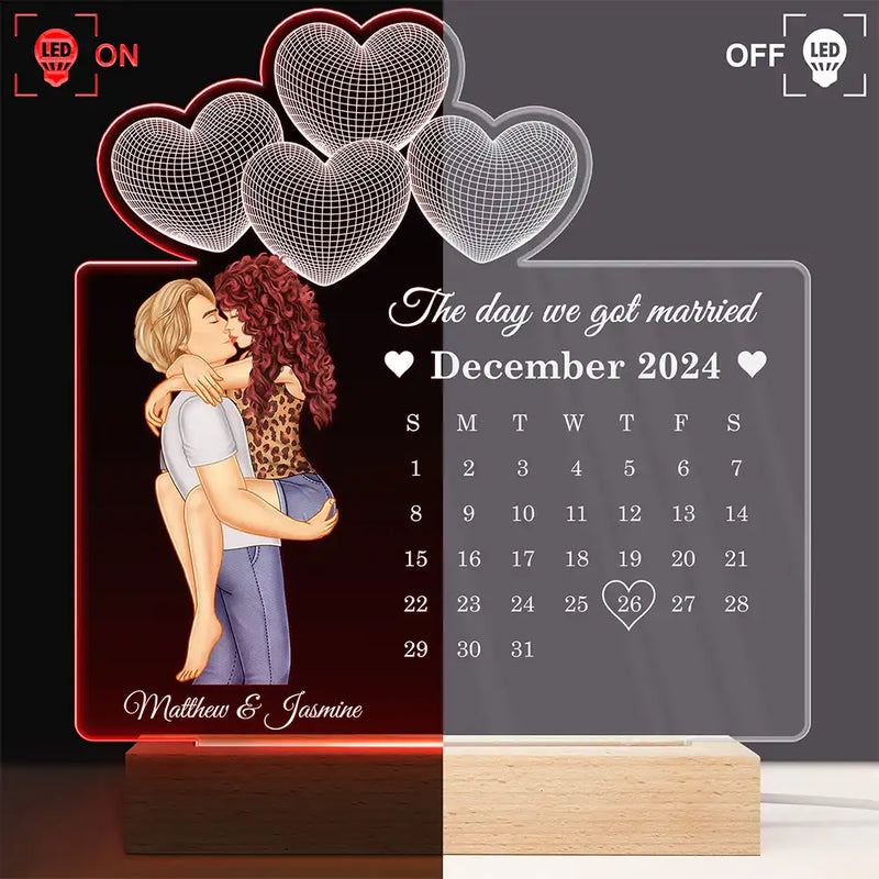Gift For Couples,Gift For Husband,Gift For Wife,Gift For Boyfriend,Gift For Girlfriend,Happy - Calendar Couple Our First Anniversary Together - Personalized 3D Led Light Wooden Base