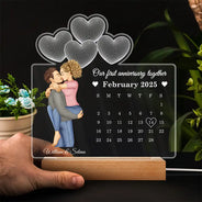 Gift For Couples,Gift For Husband,Gift For Wife,Gift For Boyfriend,Gift For Girlfriend,Happy - Calendar Couple Our First Anniversary Together - Personalized 3D Led Light Wooden Base