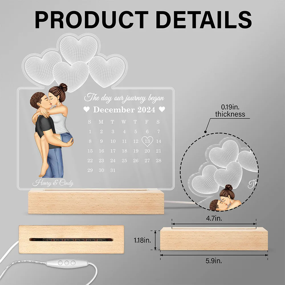 Gift For Couples,Gift For Husband,Gift For Wife,Gift For Boyfriend,Gift For Girlfriend,Happy - Calendar Couple Our First Anniversary Together - Personalized 3D Led Light Wooden Base