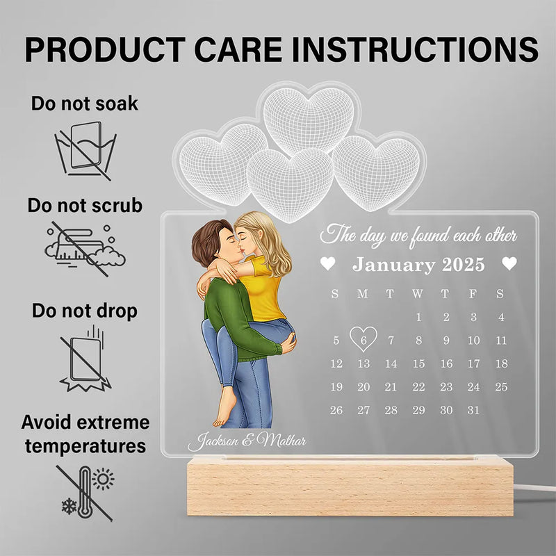 Gift For Couples,Gift For Husband,Gift For Wife,Gift For Boyfriend,Gift For Girlfriend,Happy - Calendar Couple Our First Anniversary Together - Personalized 3D Led Light Wooden Base