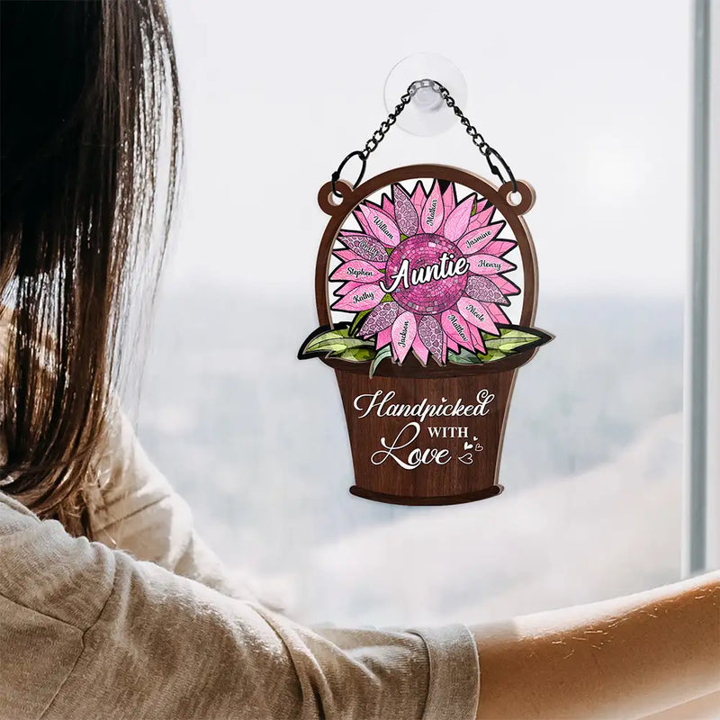 Sunflower Basket Handpicked With Love - Personalized Window Hanging Suncatcher Ornament