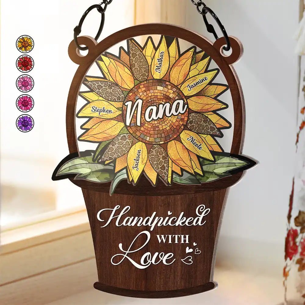 Sunflower Basket Handpicked With Love - Personalized Window Hanging Suncatcher Ornament
