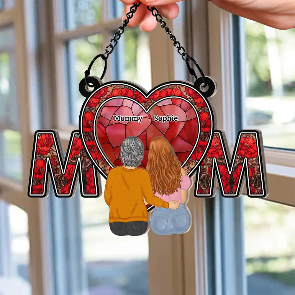 Gift For Mother,Mom - Daughters (Adult),Happy - Mom & Daughter Flower - Personalized Window Hanging Suncatcher Ornament