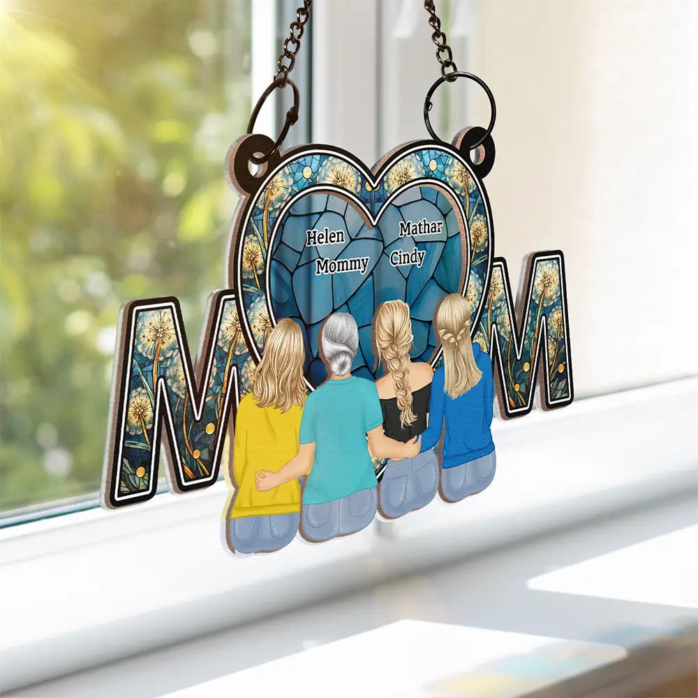 Gift For Mother,Mom - Daughters (Adult),Happy - Mom & Daughter Flower - Personalized Window Hanging Suncatcher Ornament