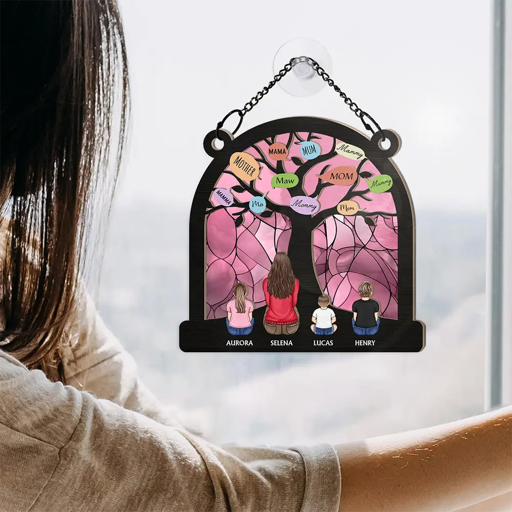 Gift For Mother,Mom - Children,Mom - Daughters (Adult),Mom - Daughters (Young),Mom - Sons - Mom Tree - Personalized Window Hanging Suncatcher Ornament
