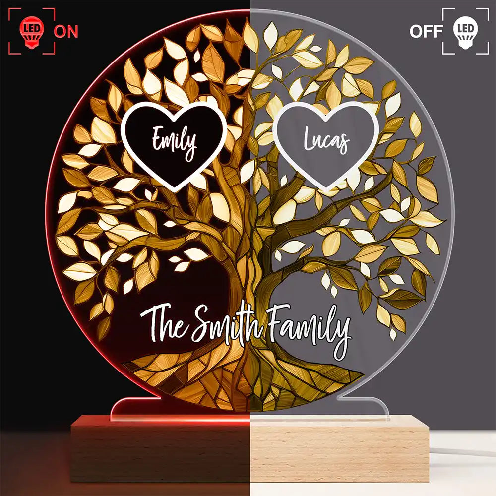 Family,Gift For Mother,Gift For Father - Loving Family Tree Unbreakable Bond - Personalized 3D Led Light Wooden Base