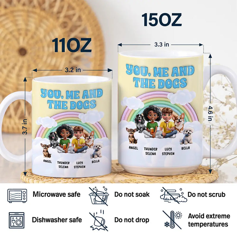 Gift For Couples,Gift For Husband,Gift For Wife,Gift For Boyfriend,Gift For Girlfriend,Dog Lovers,Pet Lovers,Dog Mom,Dog Dad,Dog Couple,Pet Mom,Pet Dad,Pet Couple - Rainbow You, Me And The Dog - 3D Inflated Effect Printed Mug, Personalized White Edge-to-Edge Mug
