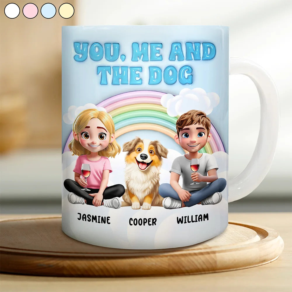Rainbow You, Me And The Dog - 3D Inflated Effect Printed Mug, Personalized White Edge-to-Edge Mug