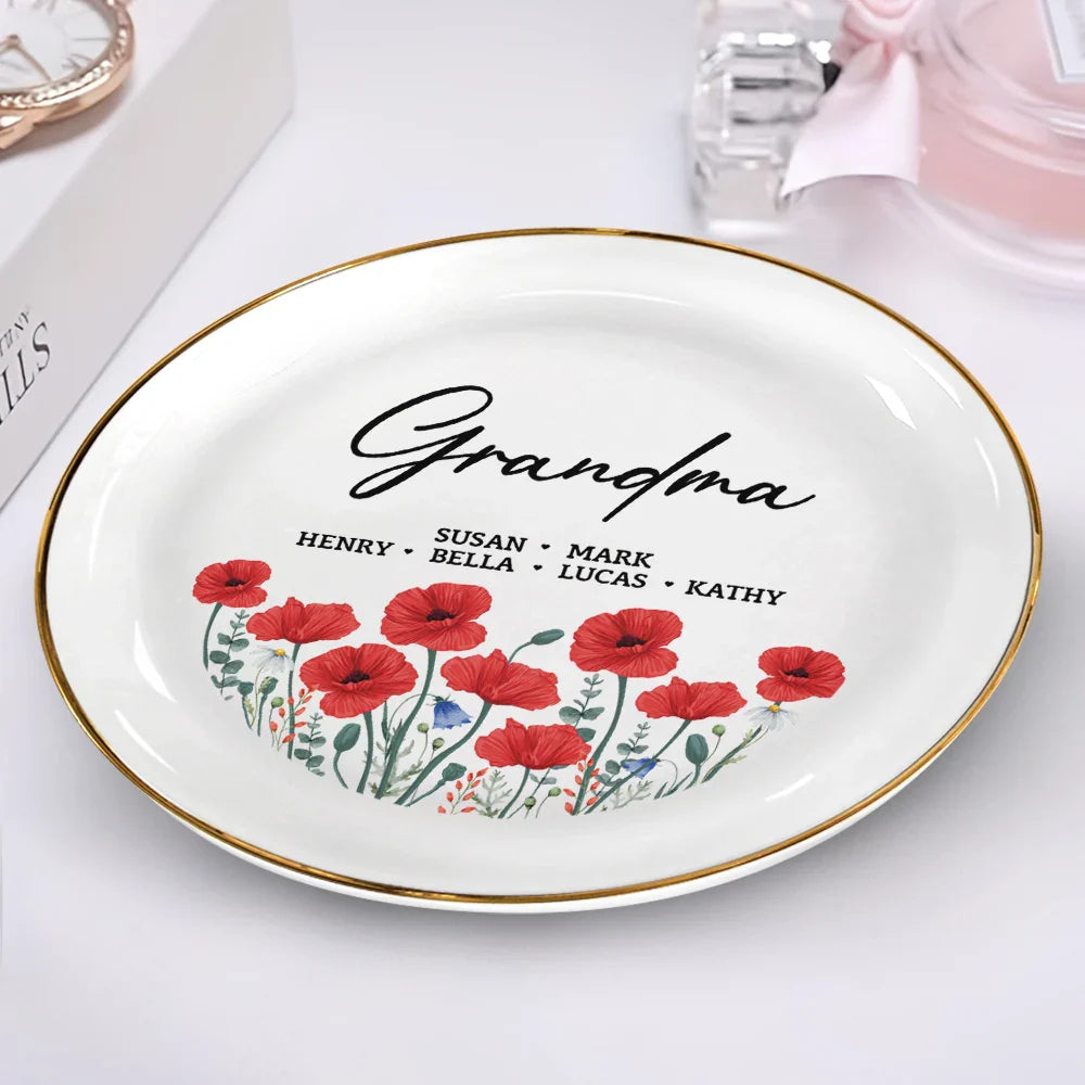 Gift For Grandma,Gift For Mother - Grandma Mom Flower Field - Personalized Round Ring Dish
