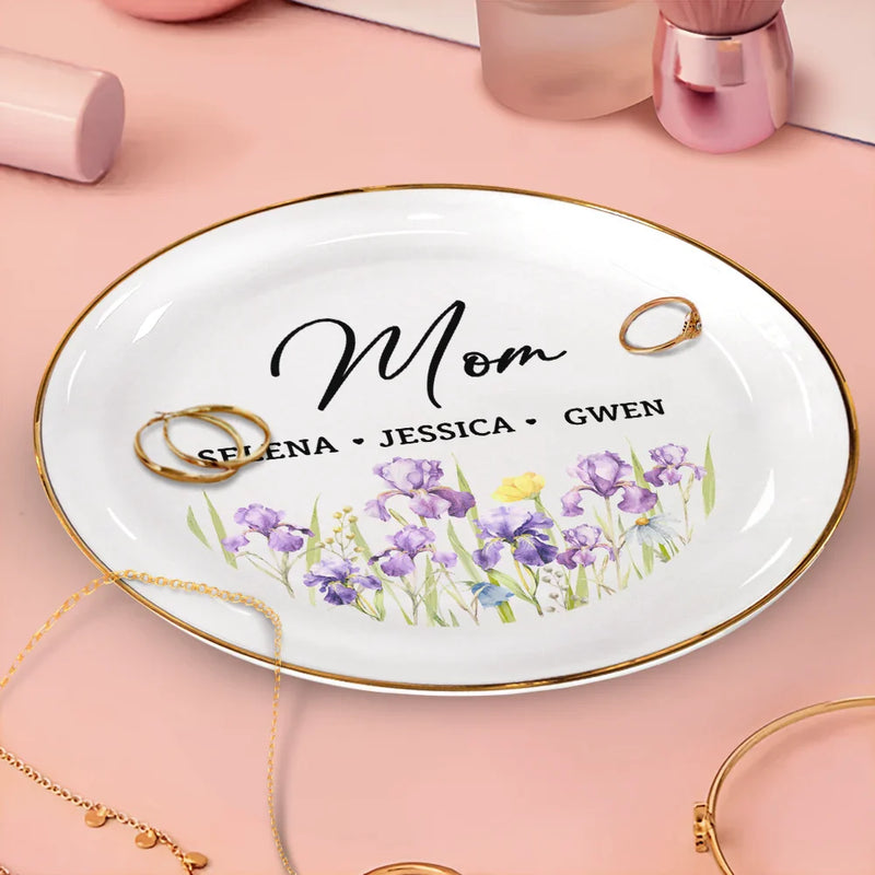 Gift For Grandma,Gift For Mother - Grandma Mom Flower Field - Personalized Round Ring Dish