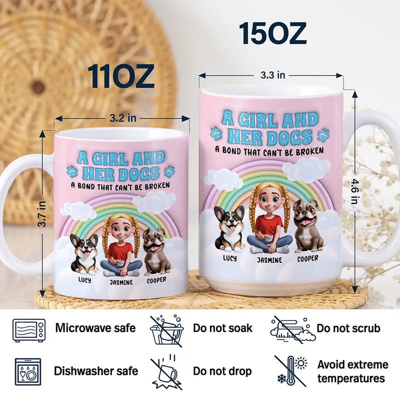 Dog Lovers, Pet Lovers, Dog Mom, Dog Dad, Pet Mom, Pet Dad, Love - Rainbow A Girl And Her Dogs - 3D Inflated Effect Printed Mug, Personalized White Edge-to-Edge Mug