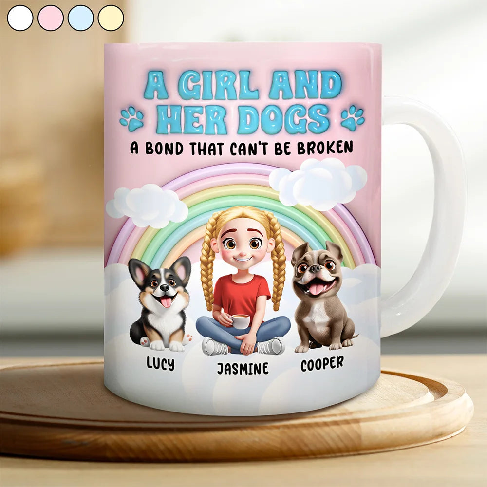 Dog Lovers, Pet Lovers, Dog Mom, Dog Dad, Pet Mom, Pet Dad, Love - Rainbow A Girl And Her Dogs - 3D Inflated Effect Printed Mug, Personalized White Edge-to-Edge Mug