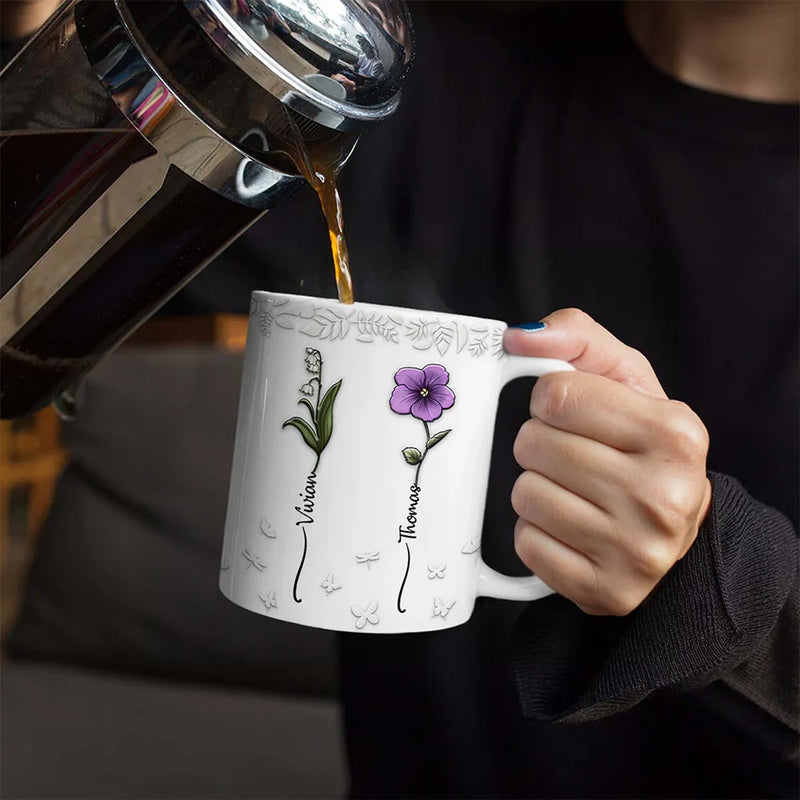 Gift For Women, Gift For Yourself, Gift For Mother, Gift For Grandma, Gift For Sisters, Gift For Bestie, Love - Birth Flowers For Mom, Grandma, Besties - 3D Embossed Effect Printed Mug, Personalized White Edge-to-Edge Mug
