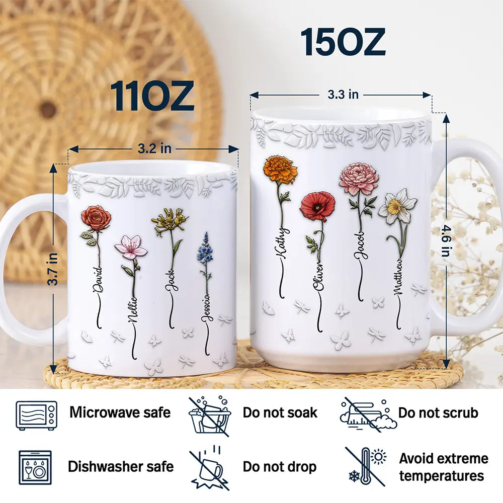 Gift For Women, Gift For Yourself, Gift For Mother, Gift For Grandma, Gift For Sisters, Gift For Bestie, Love - Birth Flowers For Mom, Grandma, Besties - 3D Embossed Effect Printed Mug, Personalized White Edge-to-Edge Mug