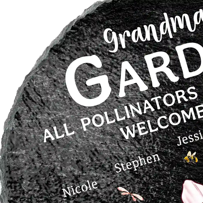 Gift For Grandma,Grandma's Hobby,Happy,Grandma,Grandkids - Pollinators And Grandkids Welcome Here - Personalized Circle Memorial Garden Stone
