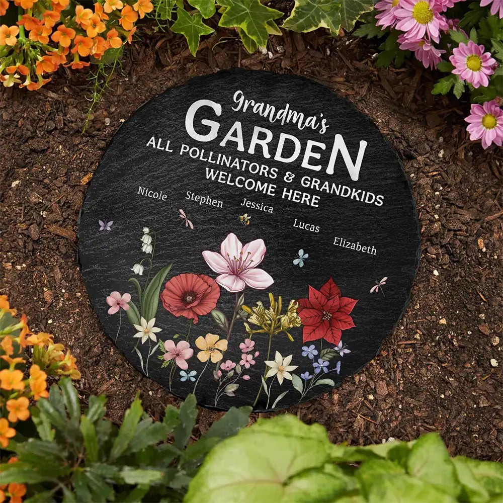 Gift For Grandma,Grandma's Hobby,Happy,Grandma,Grandkids - Pollinators And Grandkids Welcome Here - Personalized Circle Memorial Garden Stone

