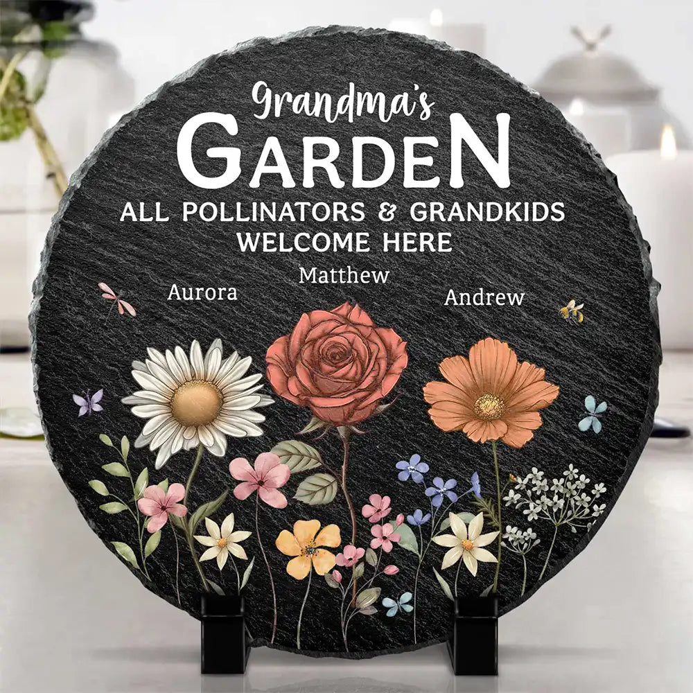 Gift For Grandma,Grandma's Hobby,Happy,Grandma,Grandkids - Pollinators And Grandkids Welcome Here - Personalized Circle Memorial Garden Stone
