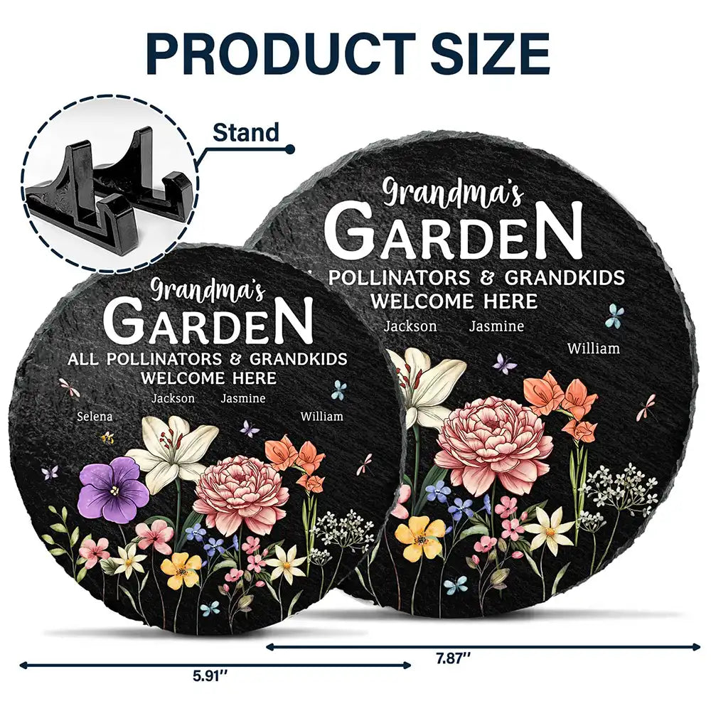 Gift For Grandma,Grandma's Hobby,Happy,Grandma,Grandkids - Pollinators And Grandkids Welcome Here - Personalized Circle Memorial Garden Stone
