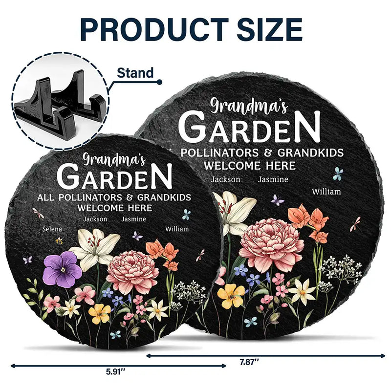 Gift For Grandma,Grandma's Hobby,Happy,Grandma,Grandkids - Pollinators And Grandkids Welcome Here - Personalized Circle Memorial Garden Stone
