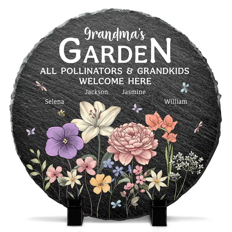Gift For Grandma,Grandma's Hobby,Happy,Grandma,Grandkids - Pollinators And Grandkids Welcome Here - Personalized Circle Memorial Garden Stone
