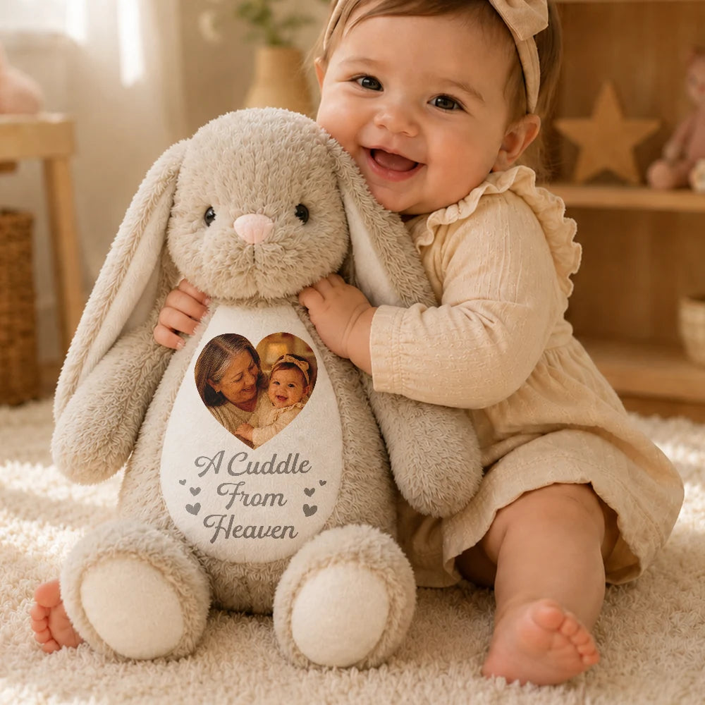 Photo personnalisée « Un câlin du ciel » - Peluche lapin personnalisée