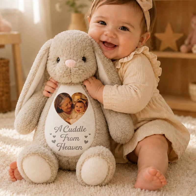 Custom Photo A Cuddle From Heaven Memorial - Personalized Soft Toy Bunny