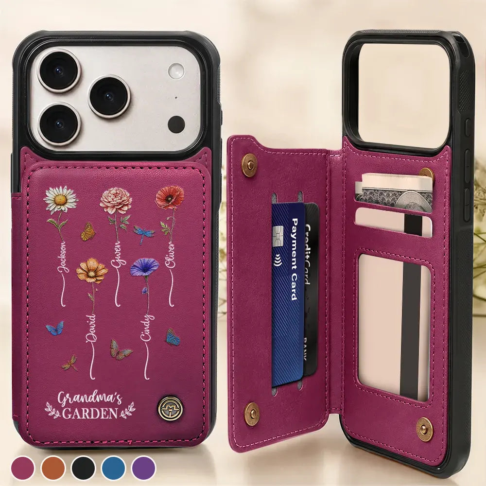 Birth Flower Grandma's Garden - Personalized Leather Flip Wallet Phone Case