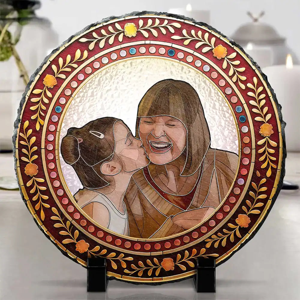 Custom Photo,Memorial,Gift For Grandparents,Parents,Family - Custom Photo Mosaic Portrait Mom Grandma Parents Family - 3D Stained Glass Effect Printed, Personalized Circle Memorial Garden Stone
