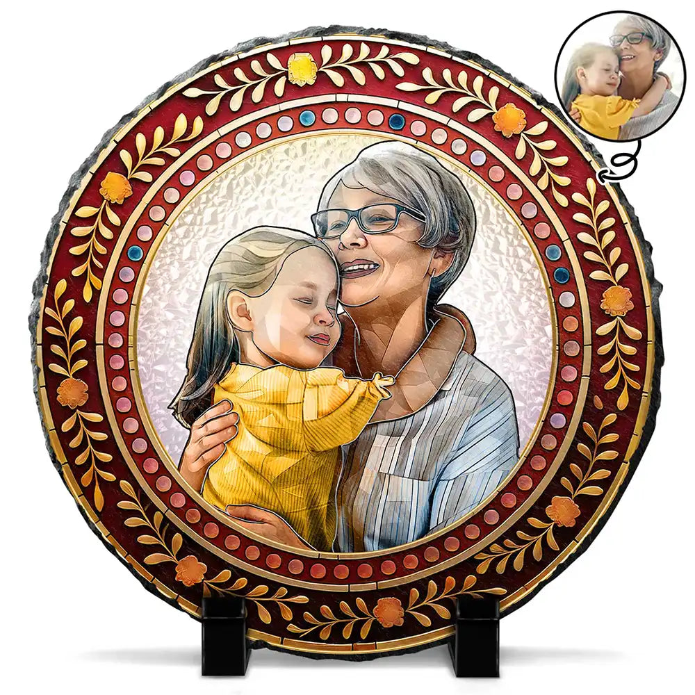 Custom Photo,Memorial,Gift For Grandparents,Parents,Family - Custom Photo Mosaic Portrait Mom Grandma Parents Family - 3D Stained Glass Effect Printed, Personalized Circle Memorial Garden Stone
