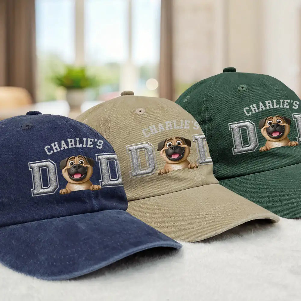 Dog Lovers,Dog Dad,Happy,Pet Lovers,Pet Dad,Pet Mom,Dog Mom - Dog Dad Dog Mom 3D Effect - Embroidery Text Effect Printed, Personalized Vintage Washed Denim Cap