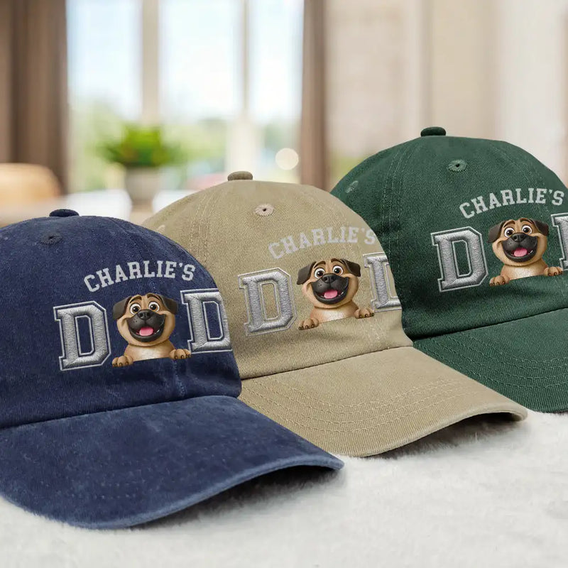 Dog Lovers,Dog Dad,Happy,Pet Lovers,Pet Dad,Pet Mom,Dog Mom - Dog Dad Dog Mom 3D Effect - Embroidery Text Effect Printed, Personalized Vintage Washed Denim Cap