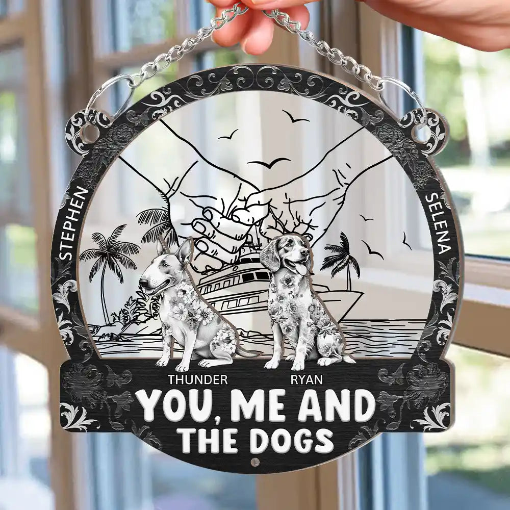 Summer Couple You And Me And The Dogs Toile Art - Personalized Window Hanging Suncatcher Ornament