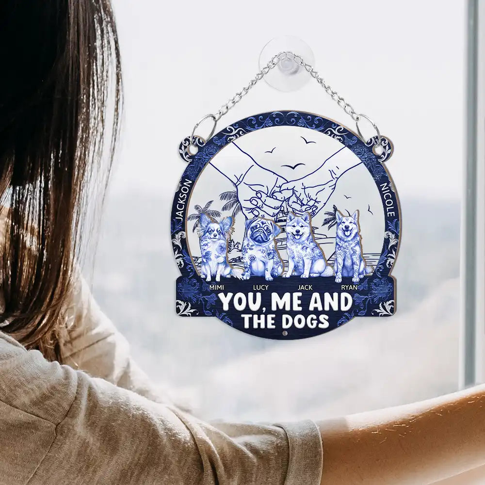 Summer Couple You And Me And The Dogs Toile Art - Personalized Window Hanging Suncatcher Ornament