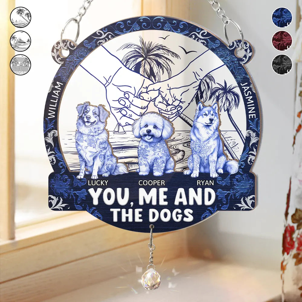 Summer Couple You And Me And The Dogs Toile Art - Personalized Window Hanging Suncatcher Ornament