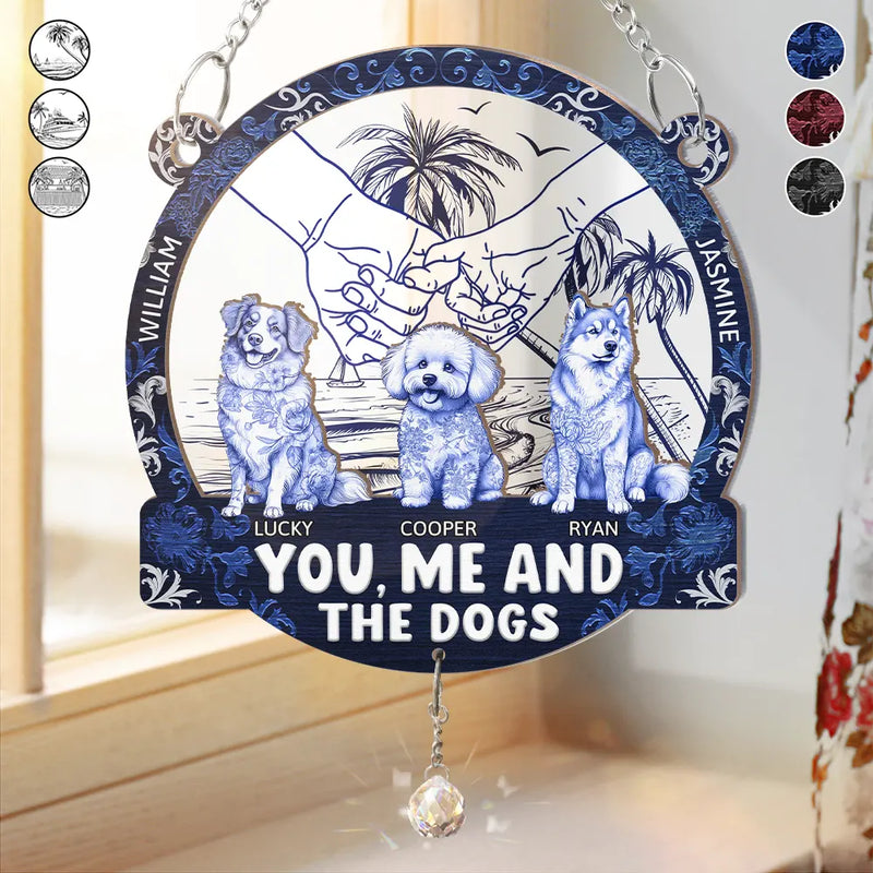 Summer Couple You And Me And The Dogs Toile Art - Personalized Window Hanging Suncatcher Ornament