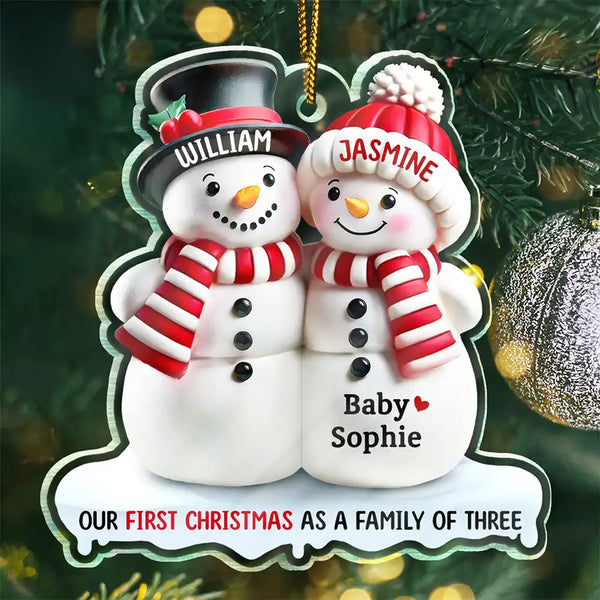 New Dad,New baby,New Mom,Christmas - Our First Christmas As A Family Of Three Snow Family 3D Effect - Personalized Custom Shaped Acrylic Ornament