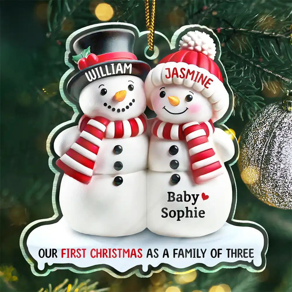 New Dad,New baby,New Mom,Christmas - Our First Christmas As A Family Of Three Snow Family 3D Effect - Personalized Custom Shaped Acrylic Ornament