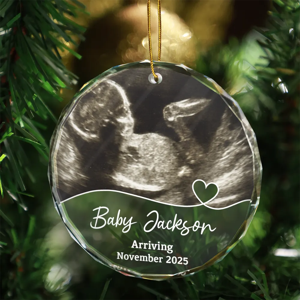 Christmas, Happy, New baby, New Dad, New Mom, Pregnant Mom - Custom Photo Arriving Baby First Christmas Ultrasound - Personalized Circle Glass Ornament