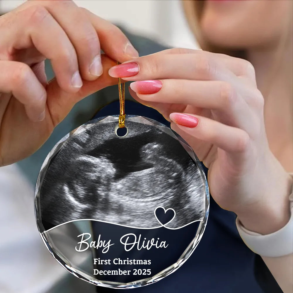 Christmas, Happy, New baby, New Dad, New Mom, Pregnant Mom - Custom Photo Arriving Baby First Christmas Ultrasound - Personalized Circle Glass Ornament