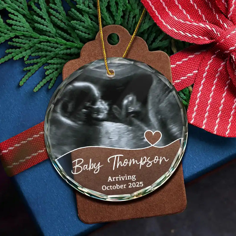Christmas, Happy, New baby, New Dad, New Mom, Pregnant Mom - Custom Photo Arriving Baby First Christmas Ultrasound - Personalized Circle Glass Ornament