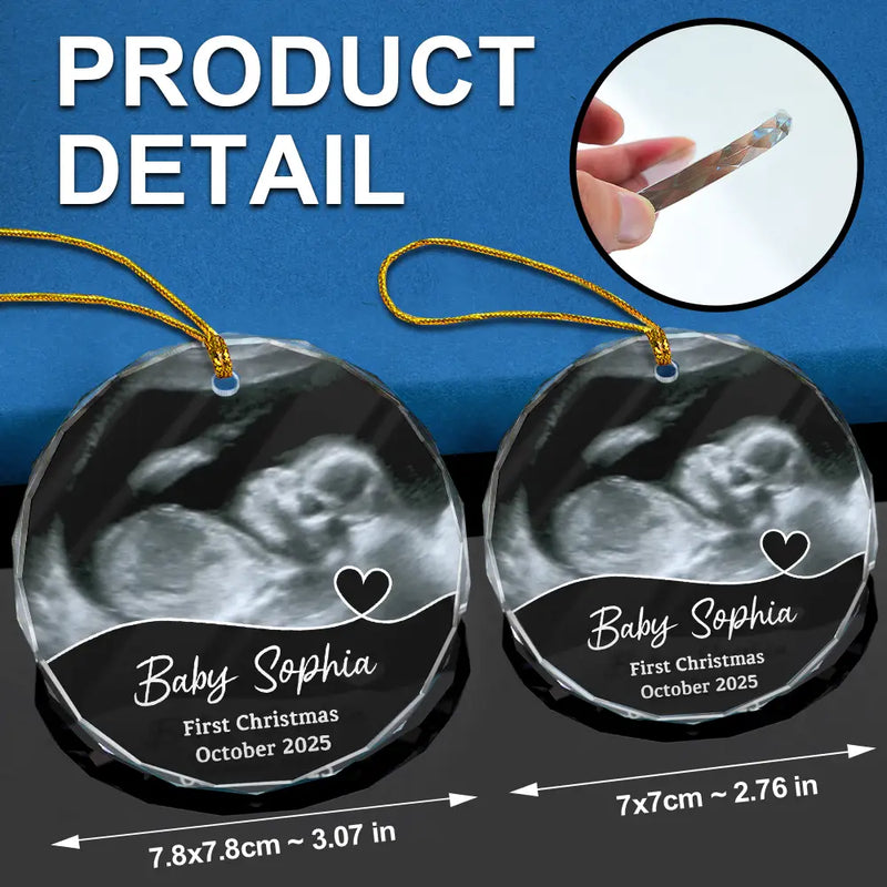 Christmas, Happy, New baby, New Dad, New Mom, Pregnant Mom - Custom Photo Arriving Baby First Christmas Ultrasound - Personalized Circle Glass Ornament